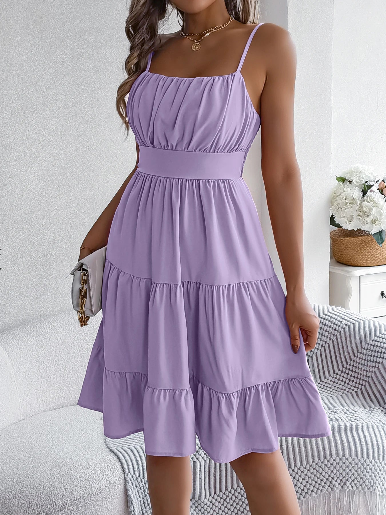 Lässiges Rüschen-Trägerkleid für den Urlaub, Frühling Sommer Damen Einfarbige Kleider für den Valentinstag 2026 Damenbekleidung Rosa Blau