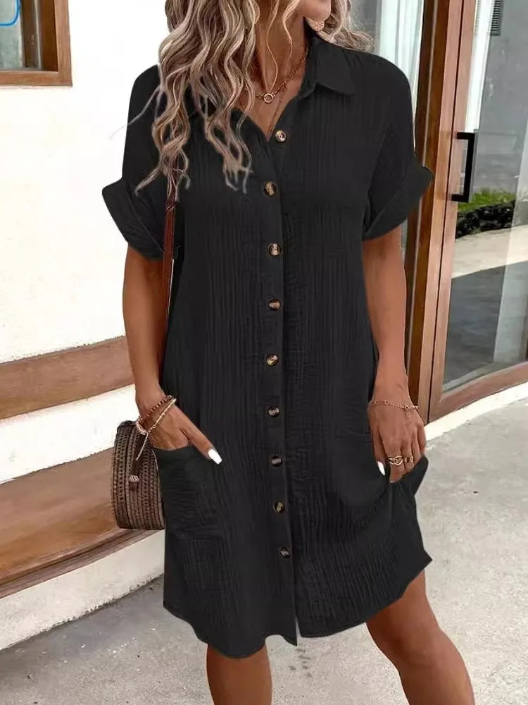 Sommerliches, einfarbiges, schlichtes Kurzarm-Hemdkleid für Damen mit Umlegekragen, einreihig, lässig-elegant, locker geschnitten