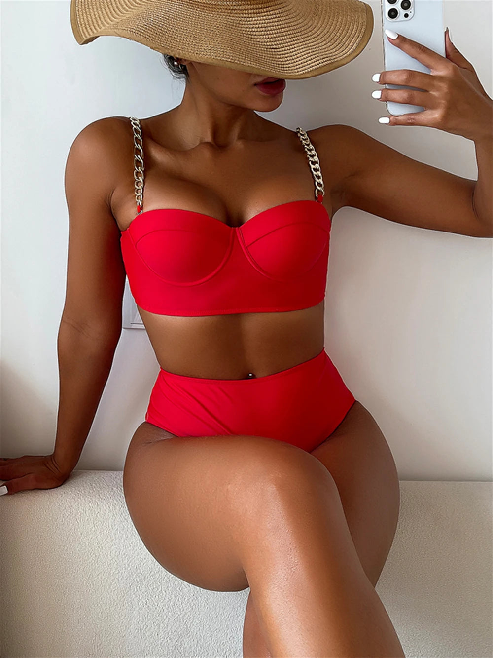 Kettenriemen-Bikinis 2026 Damen einfarbiger Push-up-Badeanzug High Waist Bademode weiblich sexy Badeanzug Schwimmen Sommer Strandmode