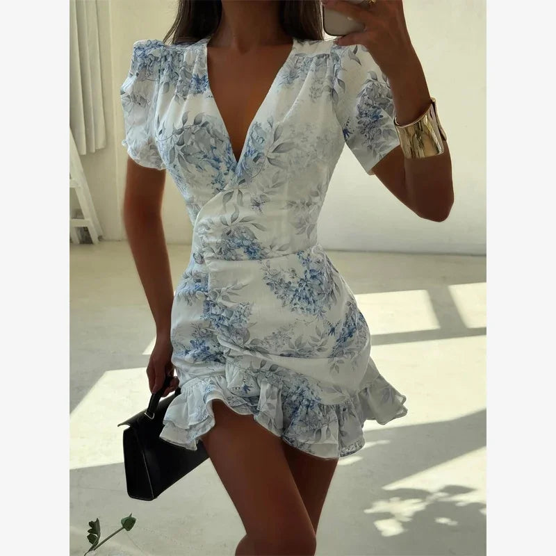 Chic Ruffle Print Slim Short Dress Women Chic Patchwork Flared sleeves V-neck Pleated Dresses 2026 Lady Summer Casual Vestido
