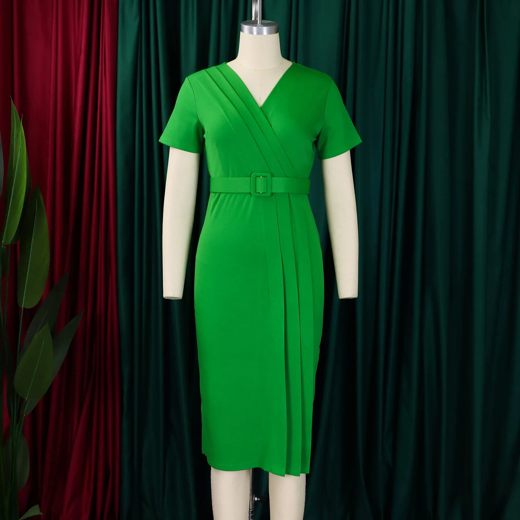 Summer New 2026 Women's Solid Color V-Neck Short Sleeve Dress Pencil Skirt Waist Tunle Material Fashionable Casual Maxi Dress