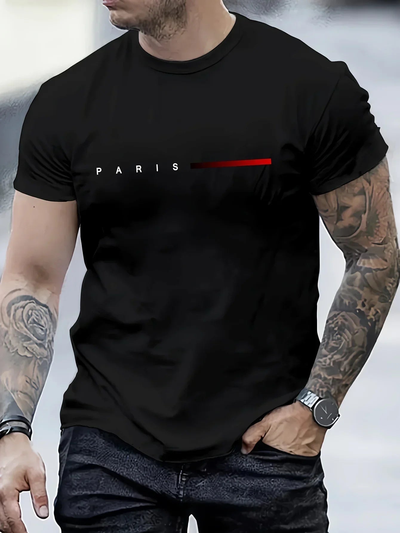 Herren 100% Baumwolle Sommer Locker PARIS Kreativer Buchstabenprint Freizeit Slim Fit Rundhals Kurzarm T-Shirt Oberteil