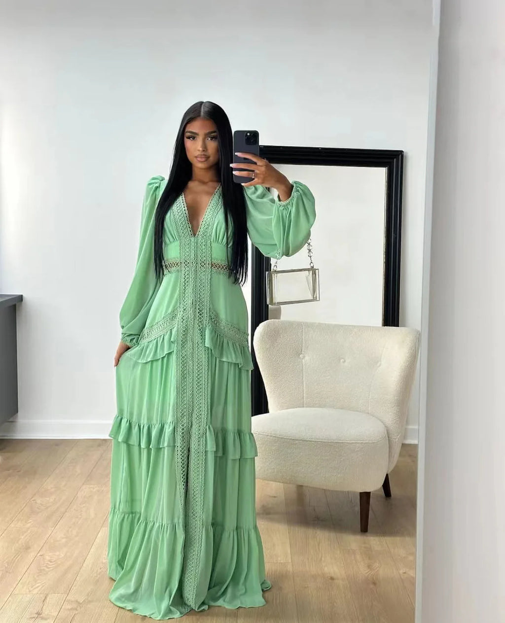 CM.YAYA Damen V-Ausschnitt Langarm Rüschen Spitze Langes Maxi-Kleid 2025 Frühling Strand Urlaub Party Sexy Street Vestidos Sexy Kleider