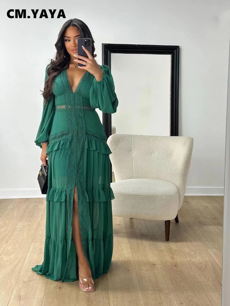 CM.YAYA Damen V-Ausschnitt Langarm Rüschen Spitze Langes Maxi-Kleid 2025 Frühling Strand Urlaub Party Sexy Street Vestidos Sexy Kleider