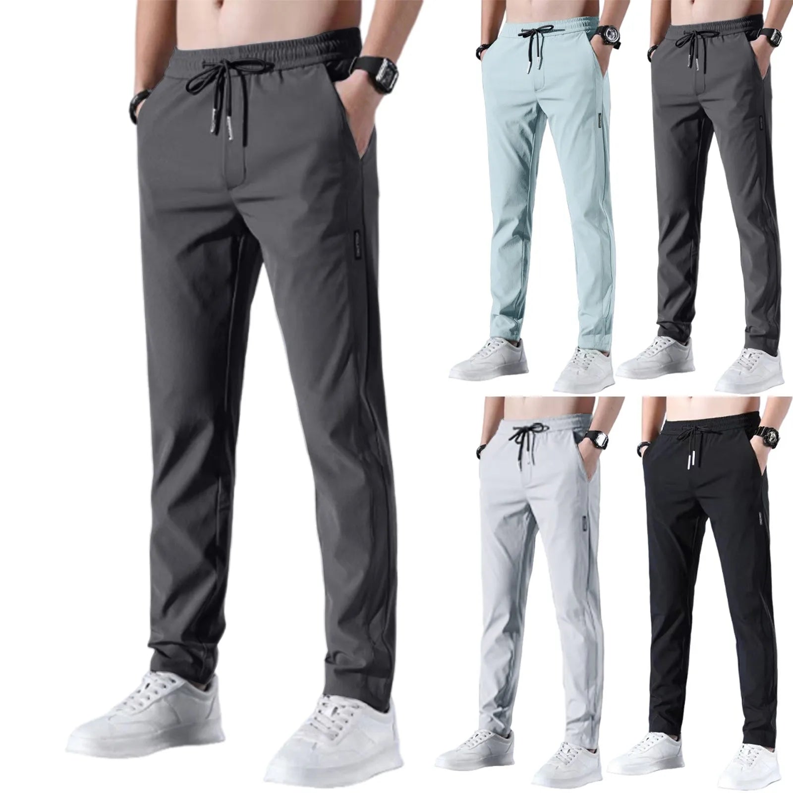 Herren Fast Dry Stretchhose Eisseidehose Einfarbig Mittlere Taille Locker Atmungsaktive Straight-Leg Freizeithose Dünne Sporthose