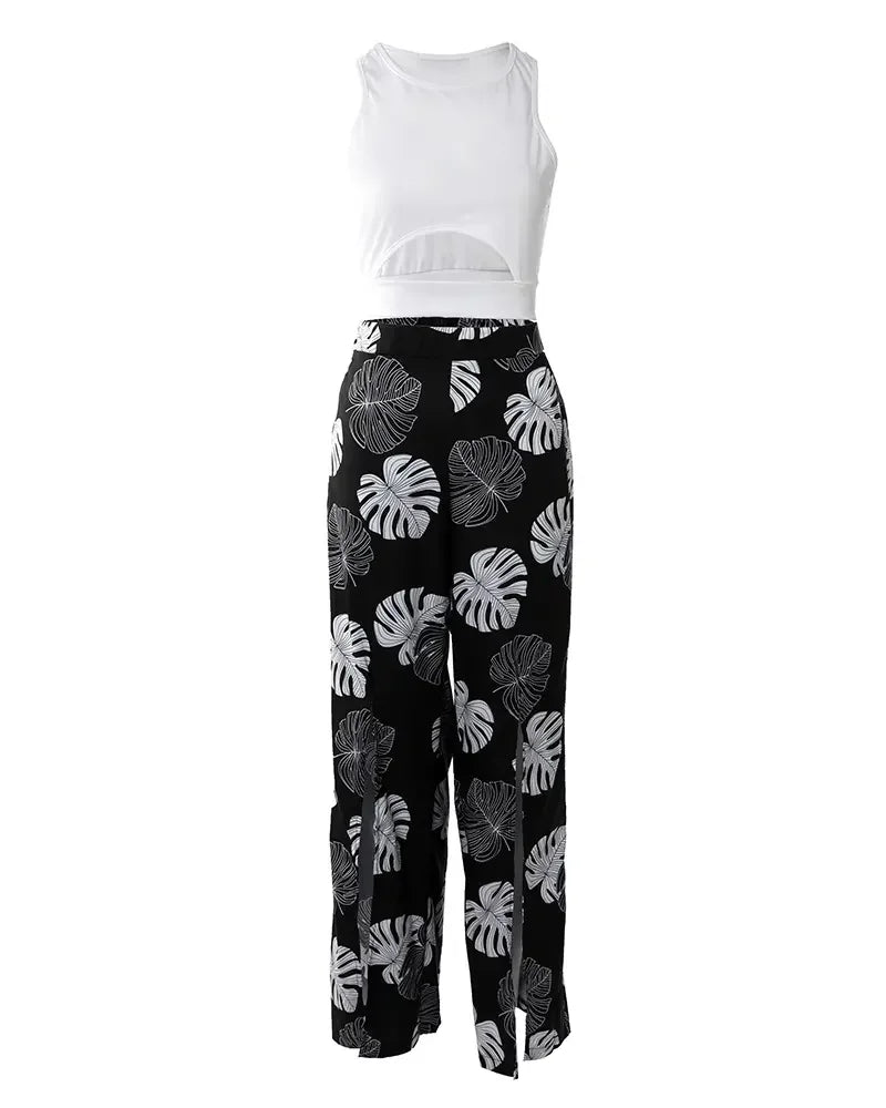 Damen Sommeranzug, einfarbiges bauchfreies Tanktop und weite Hose mit tropischem Print und Schlitz