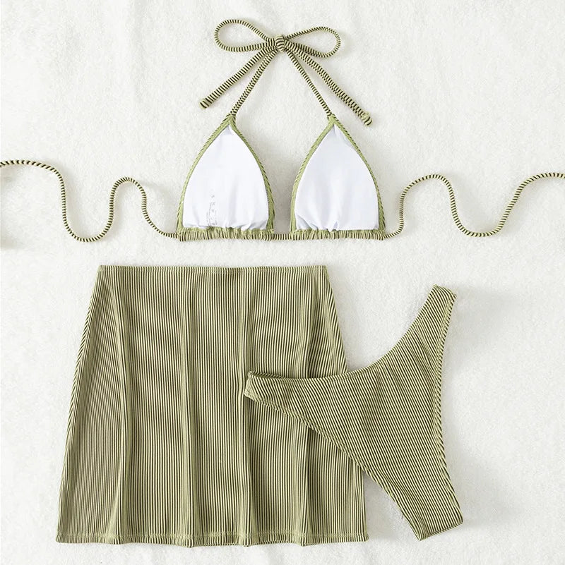 3-teiliger gerippter Bikini 2026, Neckholder-Triangel-Bikini & Rock, Bademode, Damen-Badeanzug, weibliche Strandmode