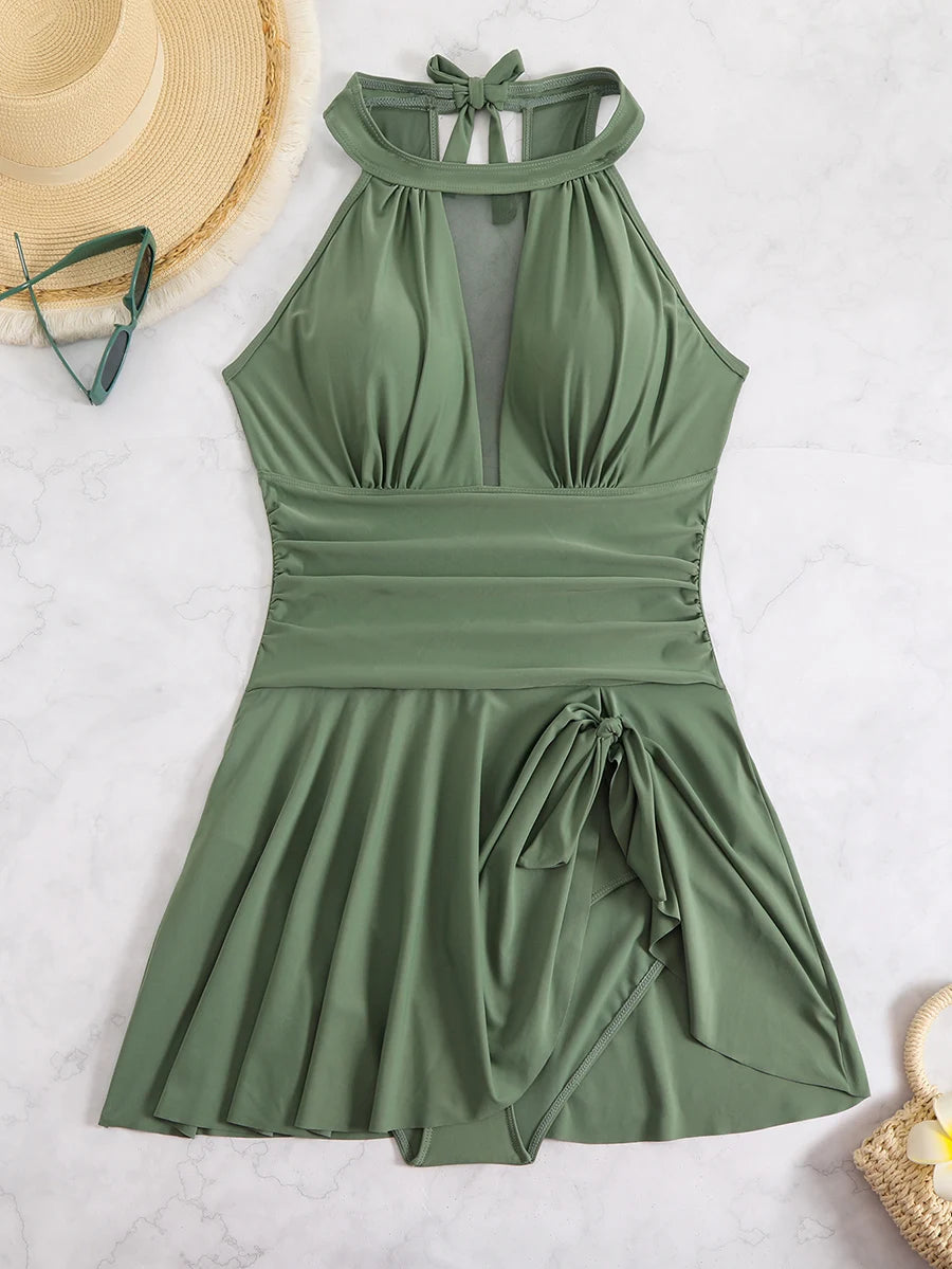 2025 Sexy Großer Einteiliger Bikini Damenkleid Solider Badeanzug Eng Anliegender Push-Up Damenkleid Bademode Netz-Strandrock Badeanzug
