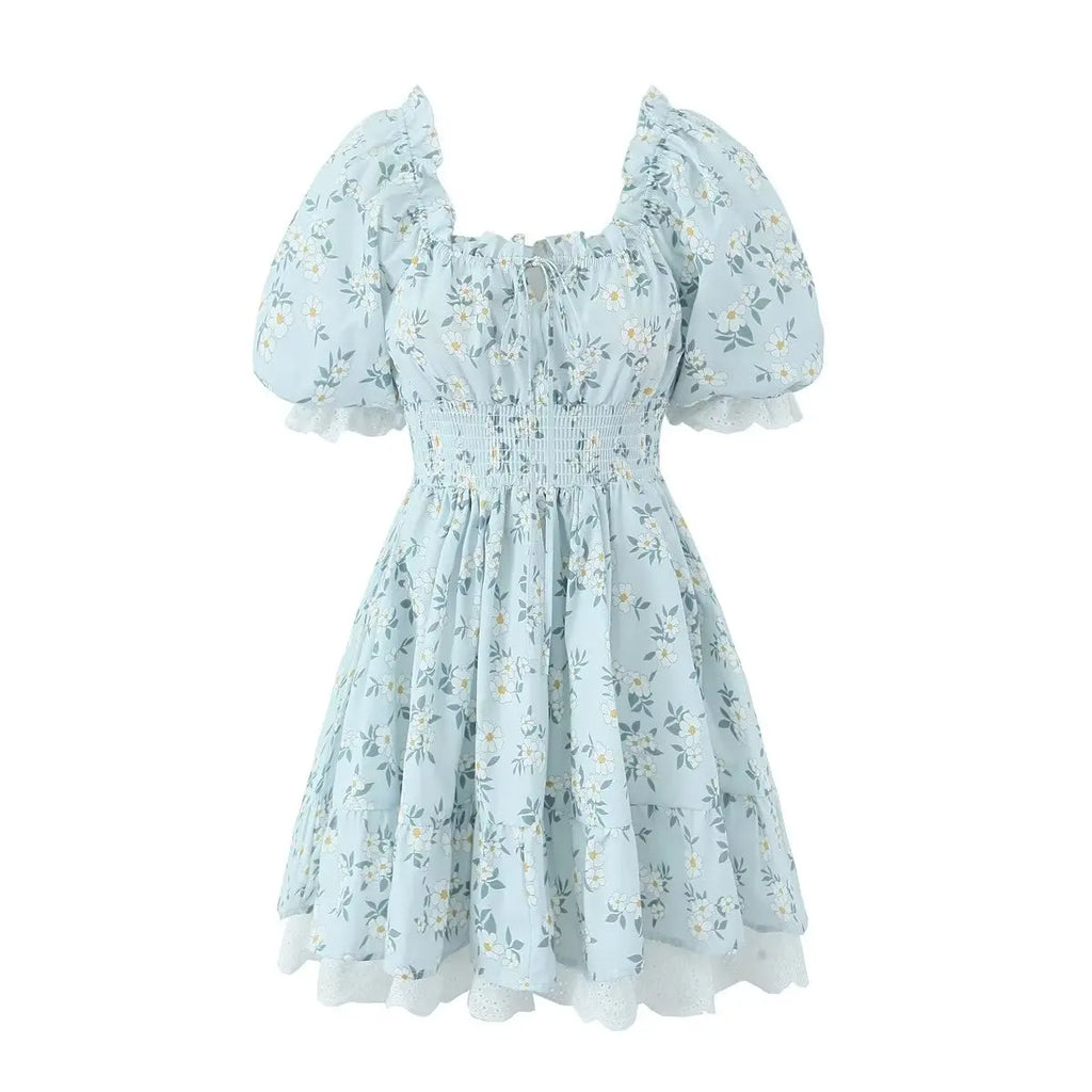 Gypsylady Geblümtes gestuftes Rüschen-Minikleid Spitze Puffärmel Sommerurlaub Sexy Schnürkleid Damen Kleider Party Damen Vestidos Neu