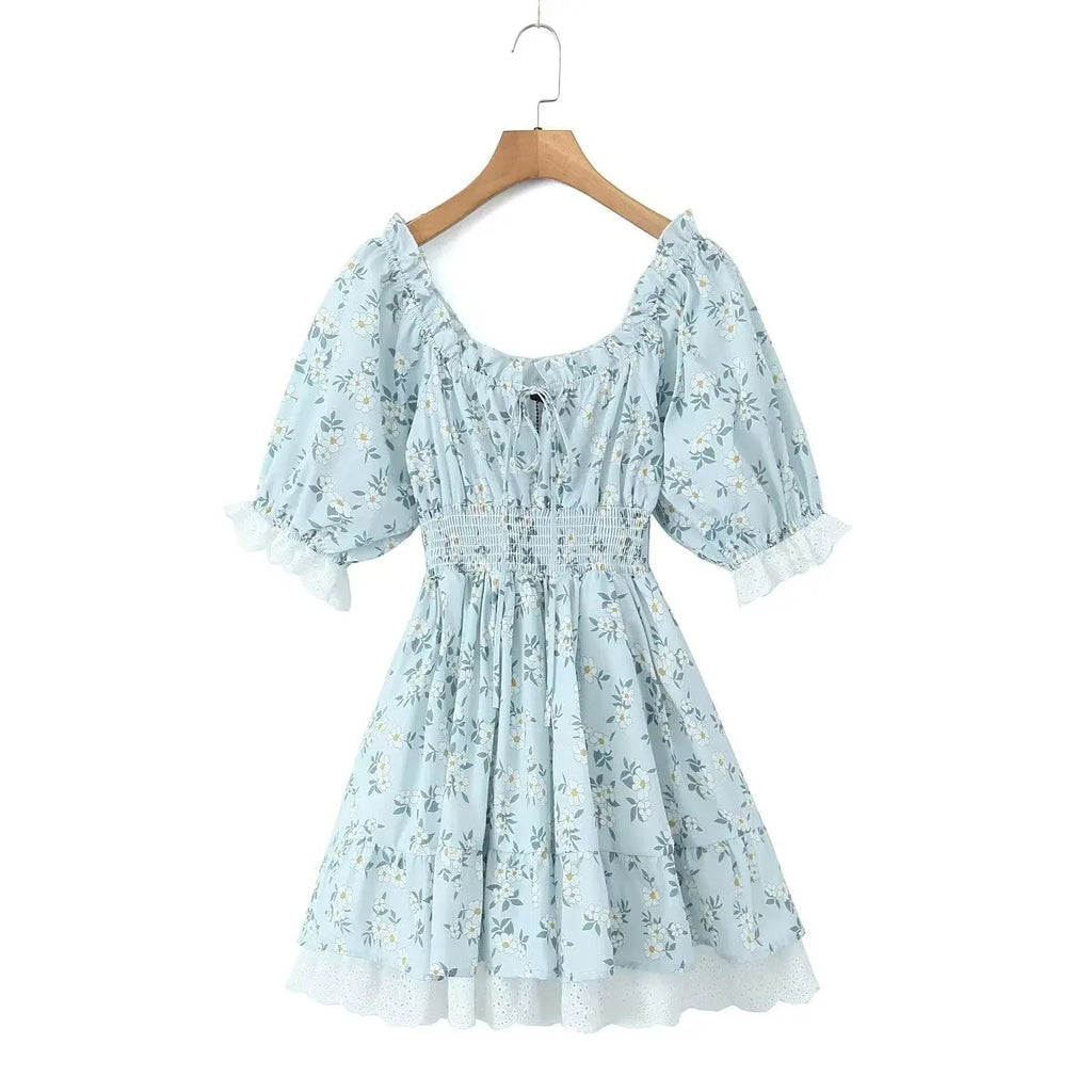 Gypsylady Geblümtes gestuftes Rüschen-Minikleid Spitze Puffärmel Sommerurlaub Sexy Schnürkleid Damen Kleider Party Damen Vestidos Neu