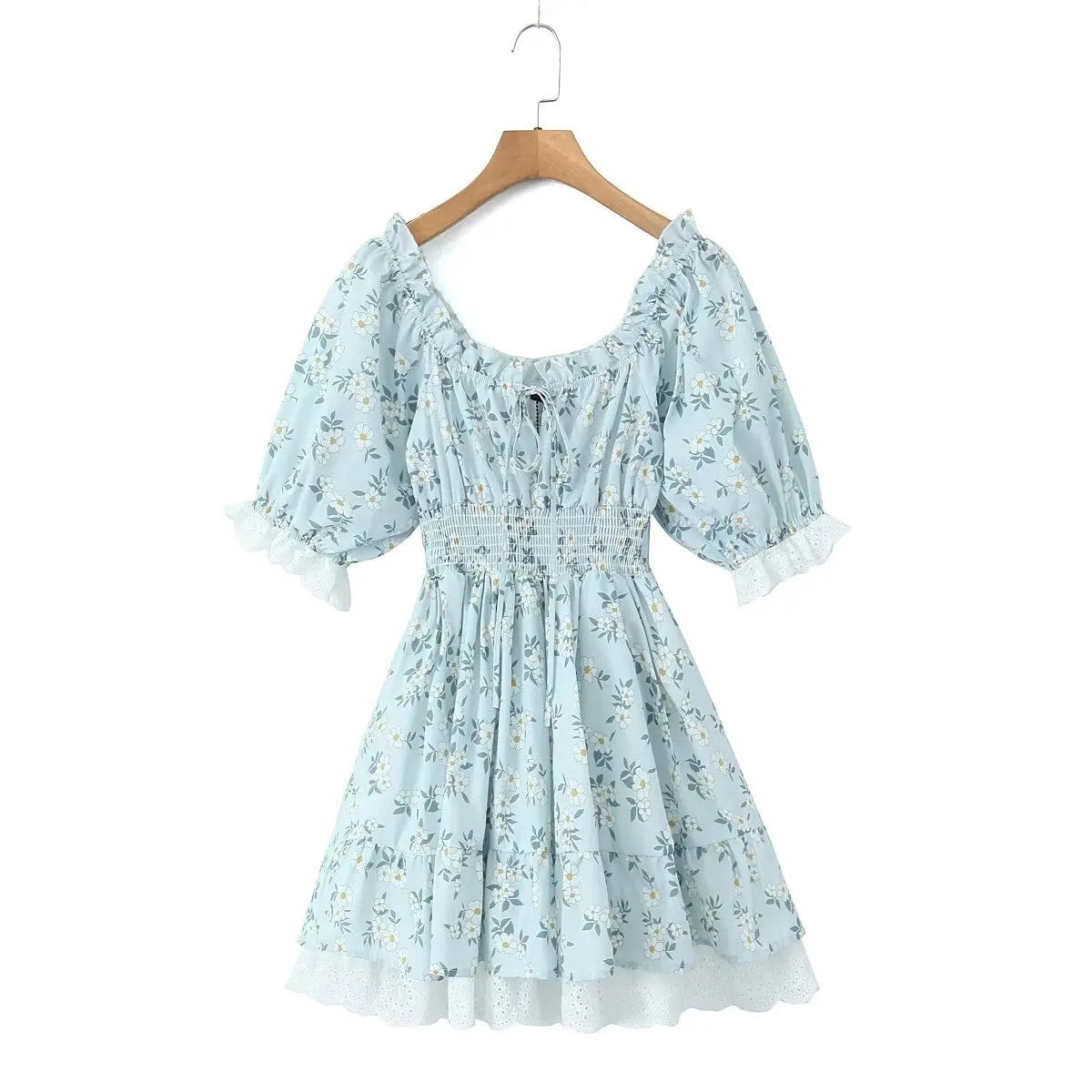 Gypsylady Geblümtes gestuftes Rüschen-Minikleid Spitze Puffärmel Sommerurlaub Sexy Schnürkleid Damen Kleider Party Damen Vestidos Neu