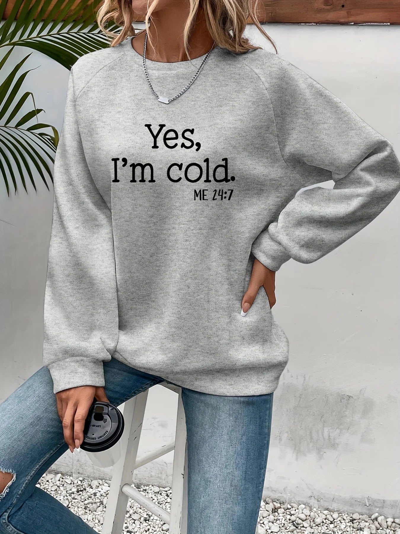 Yes I'm Cold Buchstaben bedruckte Sweatshirts für Damen, Langarm, Rundhals, warme Hoodies, trendige, schlichte Pullover, Damenbekleidung