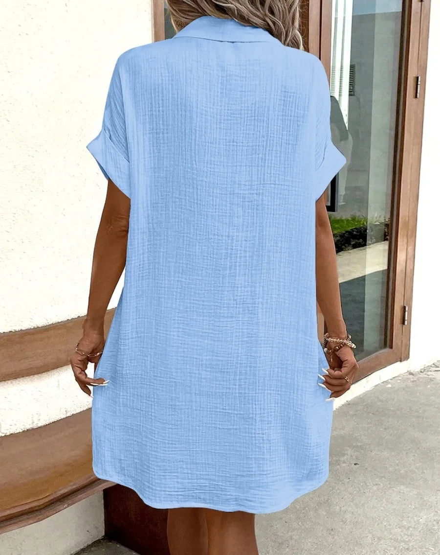 Sommerliches, einfarbiges, schlichtes Kurzarm-Hemdkleid für Damen mit Umlegekragen, einreihig, lässig-elegant, locker geschnitten