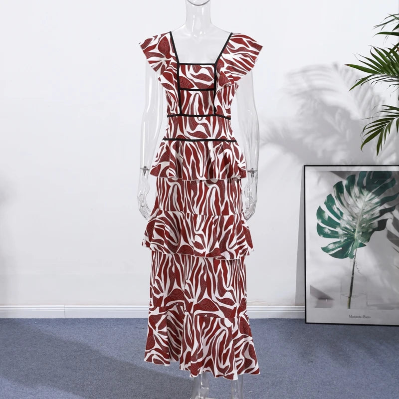 Bedrucktes Cascading Ruffles Damen Maxikleid Quadratischer Ausschnitt Kurzarm Damenkleider 2026 Mode Hohe Taille A-Linie Damen Robe