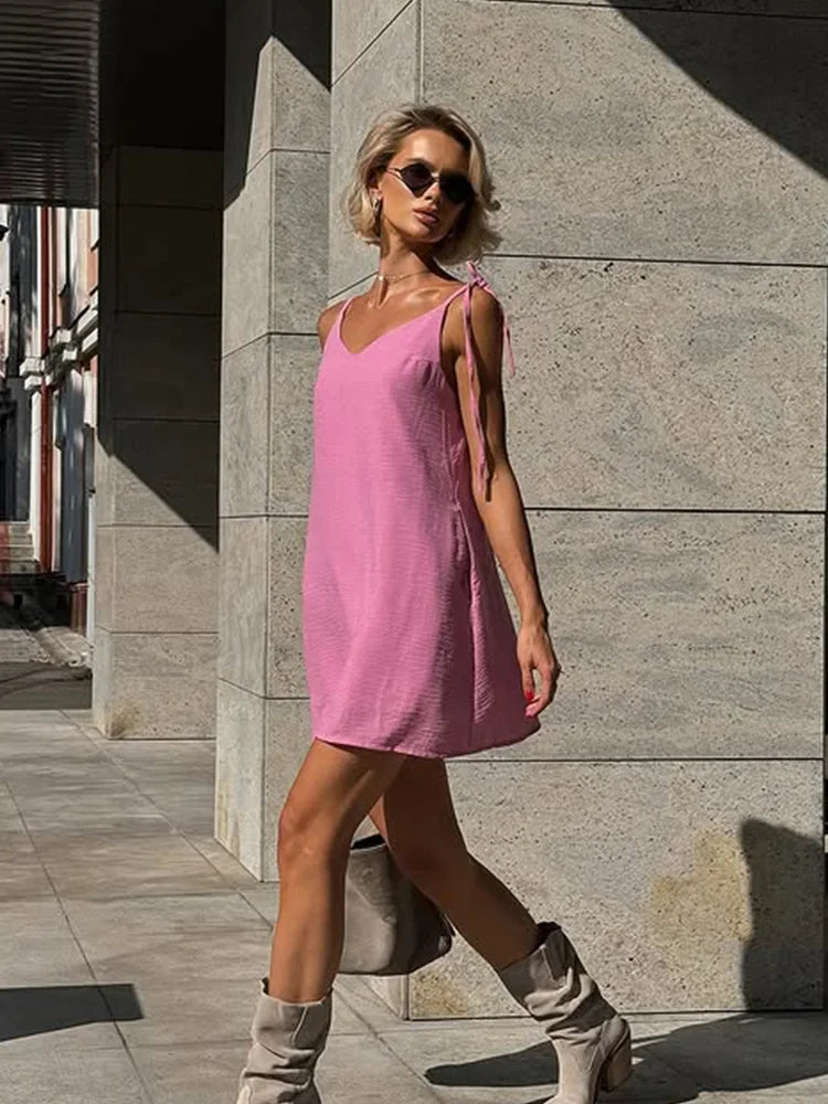 Ahagaga Fashion Damenkleider, einfarbig, Träger, Bandage, normal, lässig, V-Ausschnitt, ärmellos, Sommer-Camisole, locker, süß, weiblich, Vestido