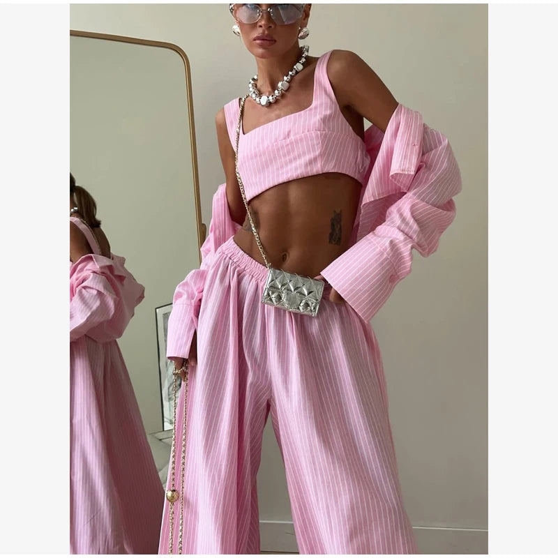 Women Low-rise Lantern Pants 3-piece Set Casual Striped Sleeveless Vest Long Sleeve Lapel Shirt Sets 2026 Lady Street Outfits