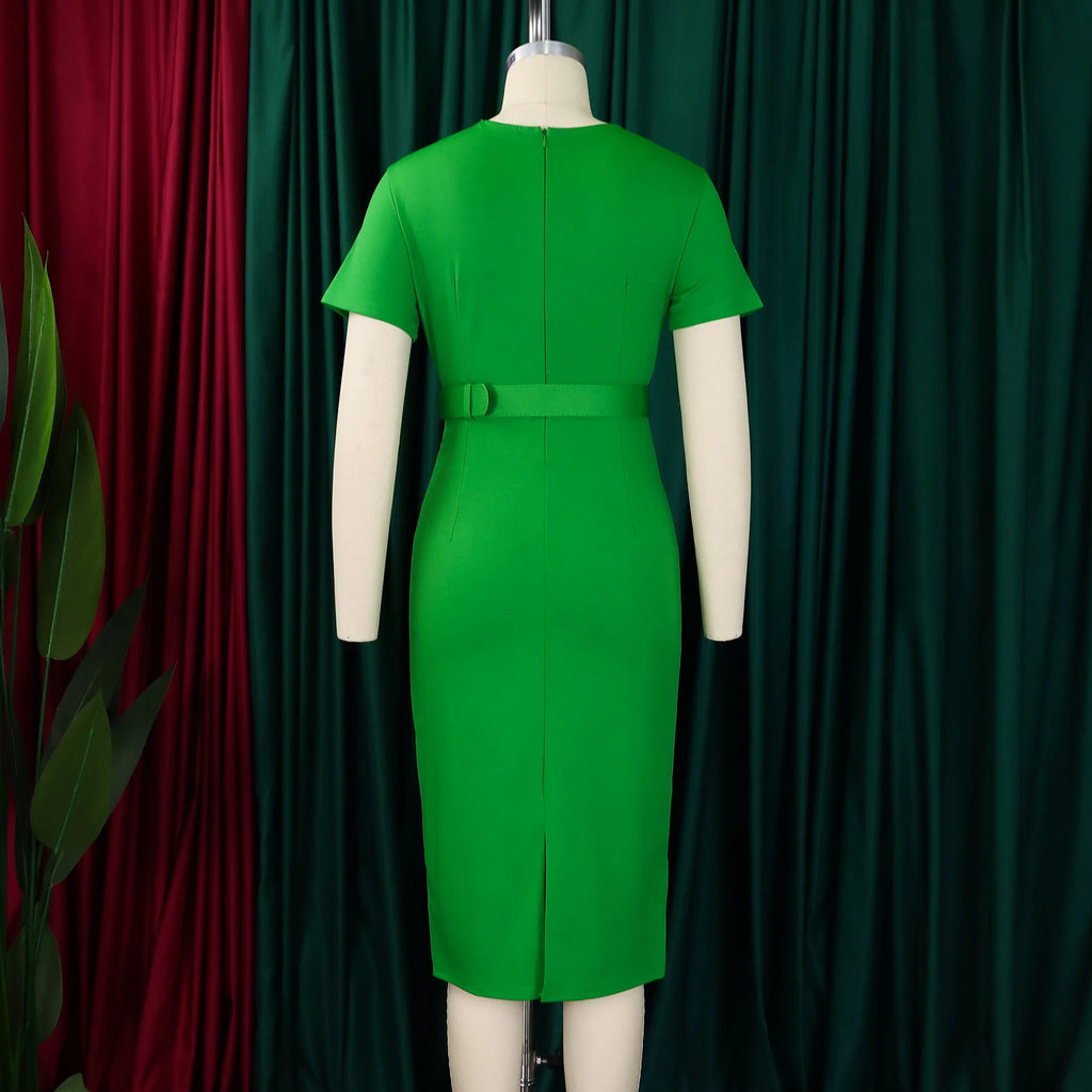 Summer New 2026 Women's Solid Color V-Neck Short Sleeve Dress Pencil Skirt Waist Tunle Material Fashionable Casual Maxi Dress