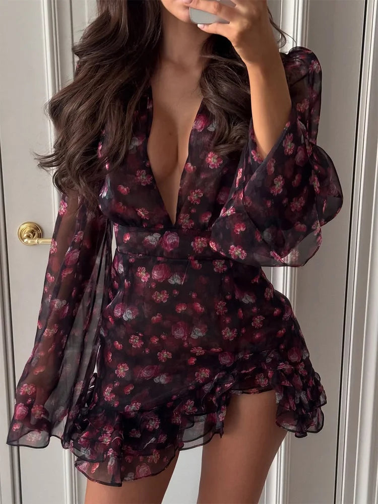 Chic Ruffle Print Slim Short Dress Women Chic Patchwork Flared sleeves V-neck Pleated Dresses 2026 Lady Summer Casual Vestido