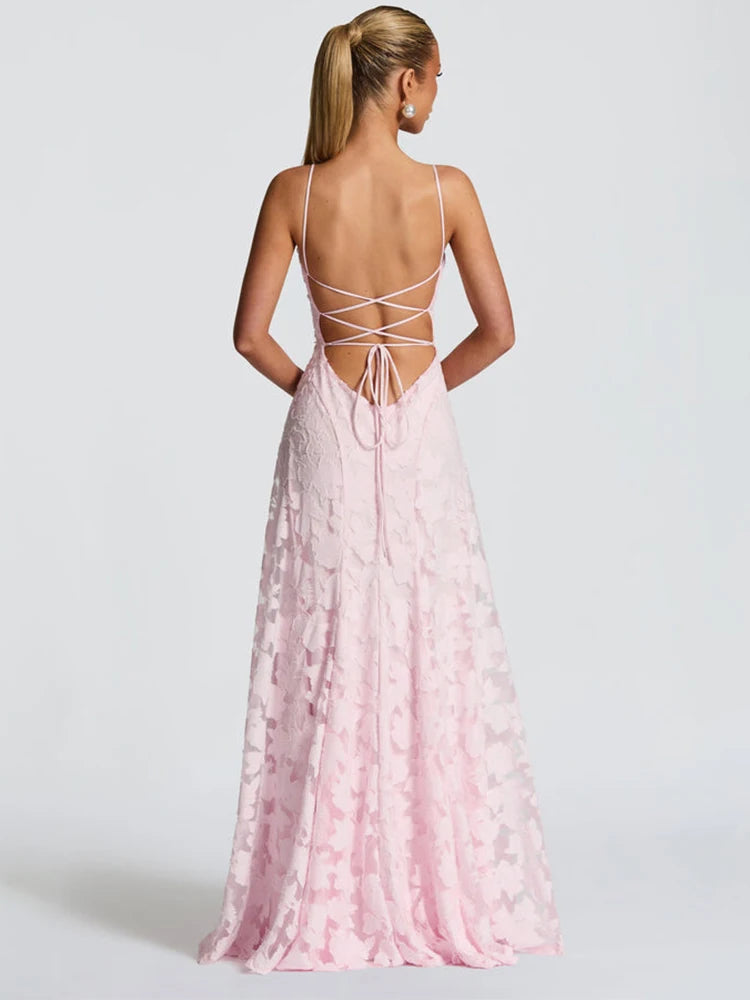 2026 Blumengesticktes Maxikleid für Damen, Sommerparty, Ballkleider, sexy rückenfreie Trägerkleider im französischen Stil, Abendkleid