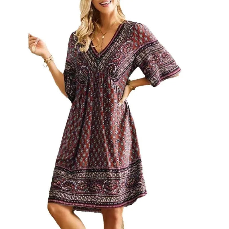 Autumn Women' Dress Summer V-neck Vintage Print Holiday Beach National Style Boho Midi Loose Dresses For Women Casual Vestidos