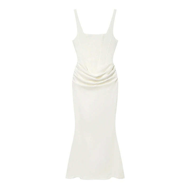 Sexy Solid Pleated Strapless Dress Lady Chic Off-shoulder Backless High Waist Split Dresses Women 2026 New Evening Party Gown