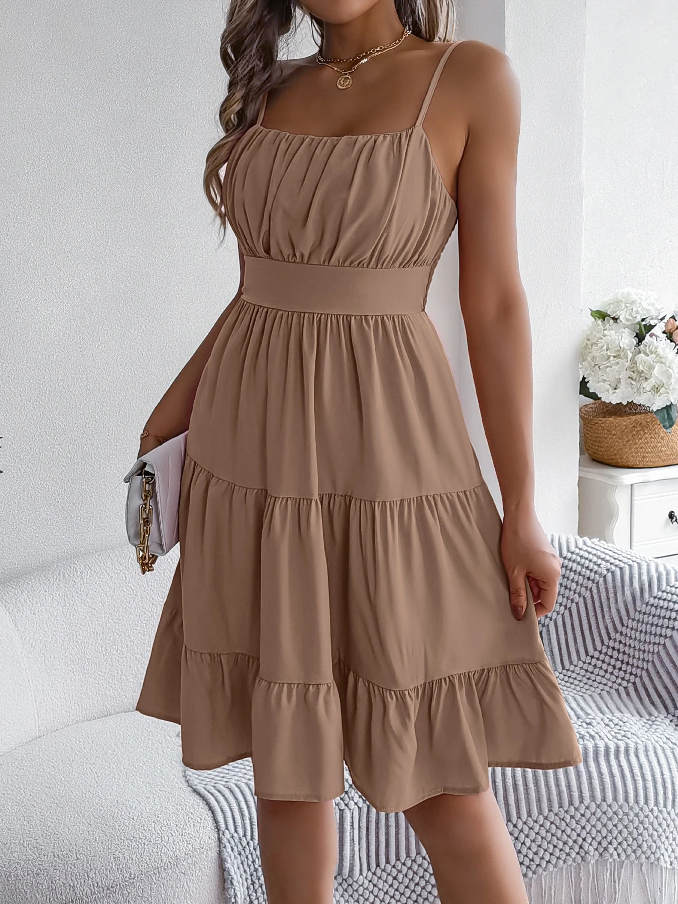 Lässiges Rüschen-Trägerkleid für den Urlaub, Frühling Sommer Damen Einfarbige Kleider für den Valentinstag 2026 Damenbekleidung Rosa Blau