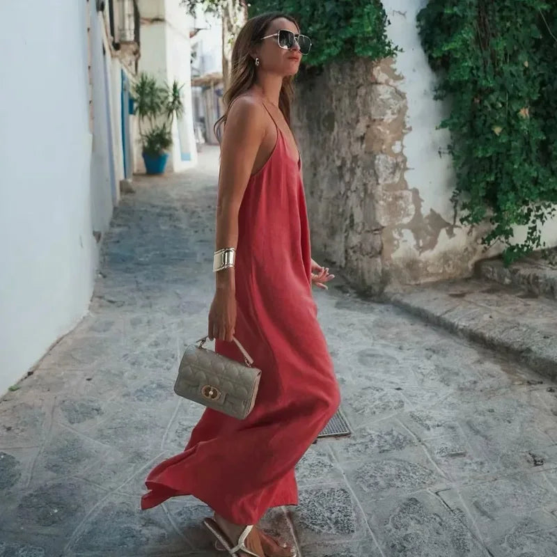 HXAO Slipkleid Damen 2024 Sommer Damen Loose Kleider Ärmellose dünne Träger Schwarze lange Kleider Rückenfreie Strandurlaubskleider
