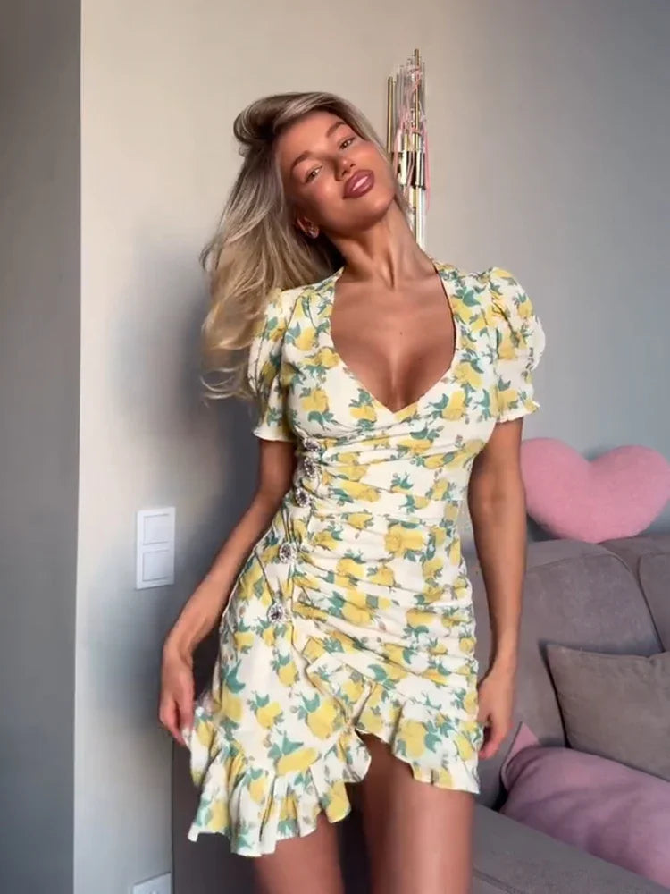 Chic Ruffle Print Slim Short Dress Women Chic Patchwork Flared sleeves V-neck Pleated Dresses 2026 Lady Summer Casual Vestido