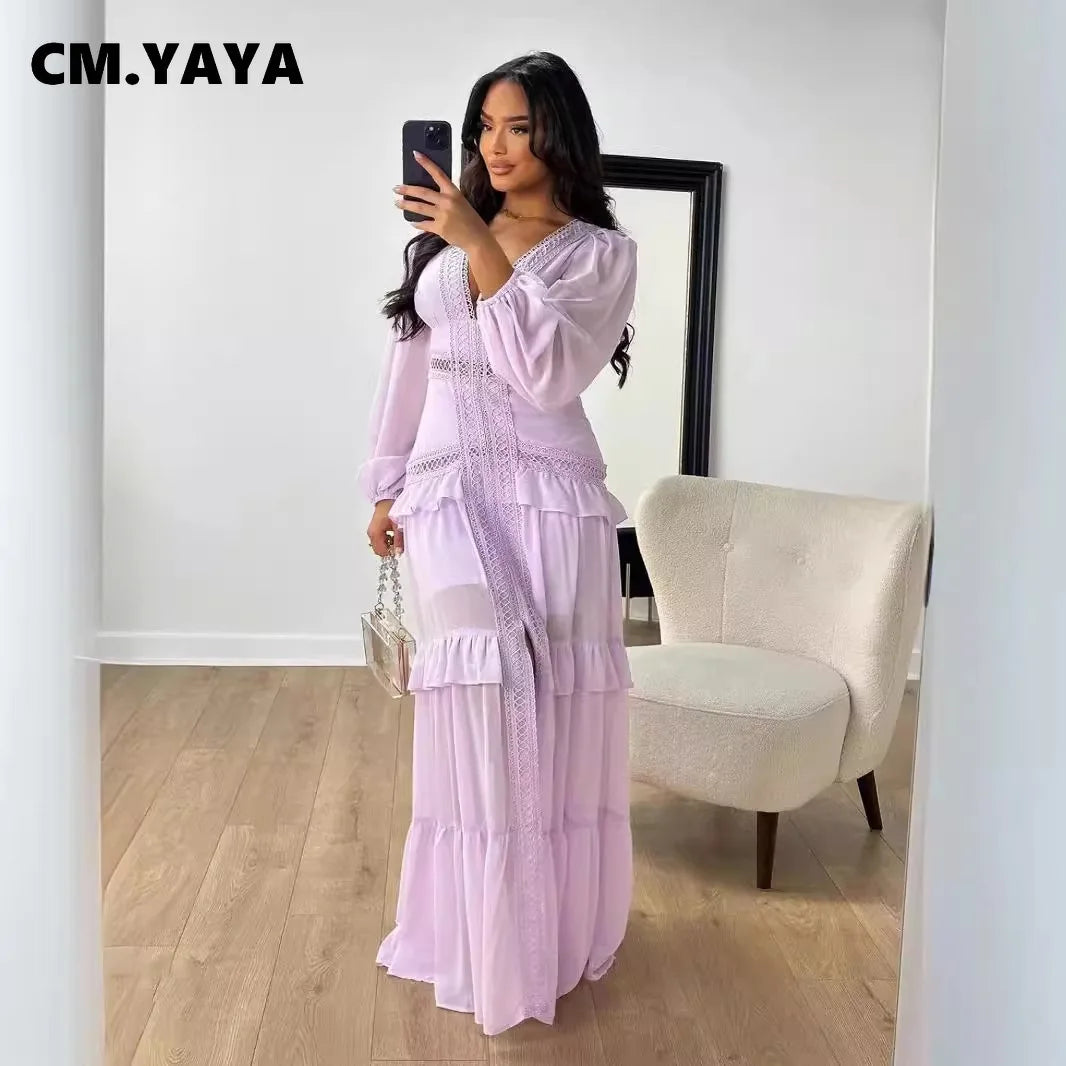 CM.YAYA Damen V-Ausschnitt Langarm Rüschen Spitze Langes Maxi-Kleid 2025 Frühling Strand Urlaub Party Sexy Street Vestidos Sexy Kleider