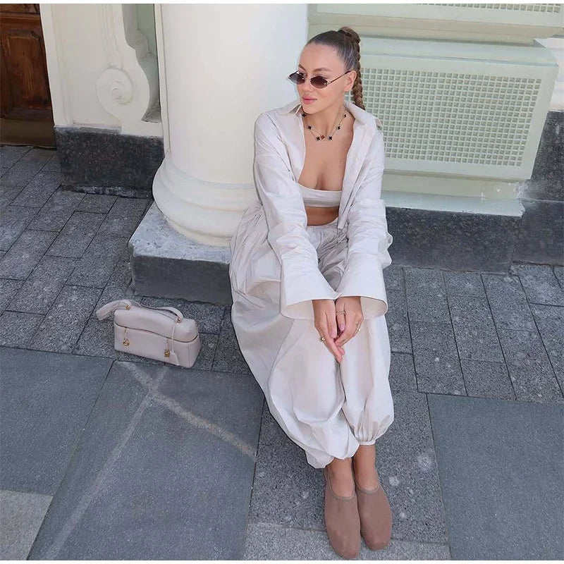 Women Low-rise Lantern Pants 3-piece Set Casual Striped Sleeveless Vest Long Sleeve Lapel Shirt Sets 2026 Lady Street Outfits