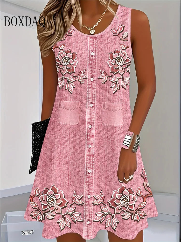 2025 Damen Sommer Ärmelloses Bohemian-Kleid Mode Imitation Cowboy-Weste Blumen Print Kleid Lässiges Tank-Strandkleid für Damen