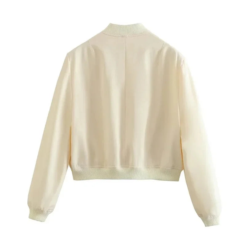 HXAO Woman Bomber Jacket Coat White Autumn Winter Button Baseball Aviator Cropped Jackets for Women Long Sleeve Crop Outerwear