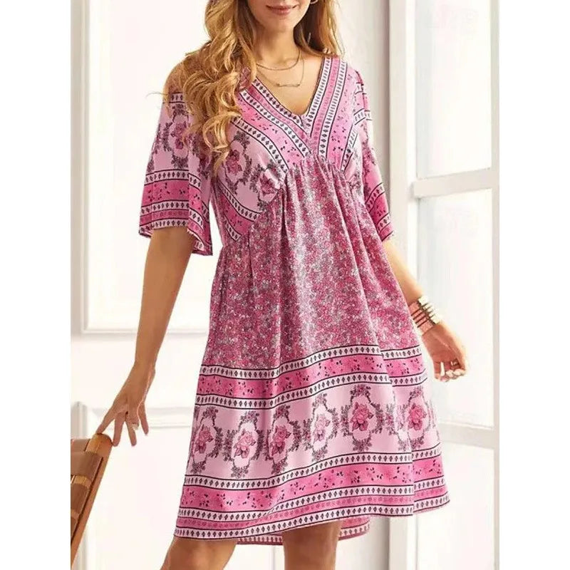 Autumn Women' Dress Summer V-neck Vintage Print Holiday Beach National Style Boho Midi Loose Dresses For Women Casual Vestidos