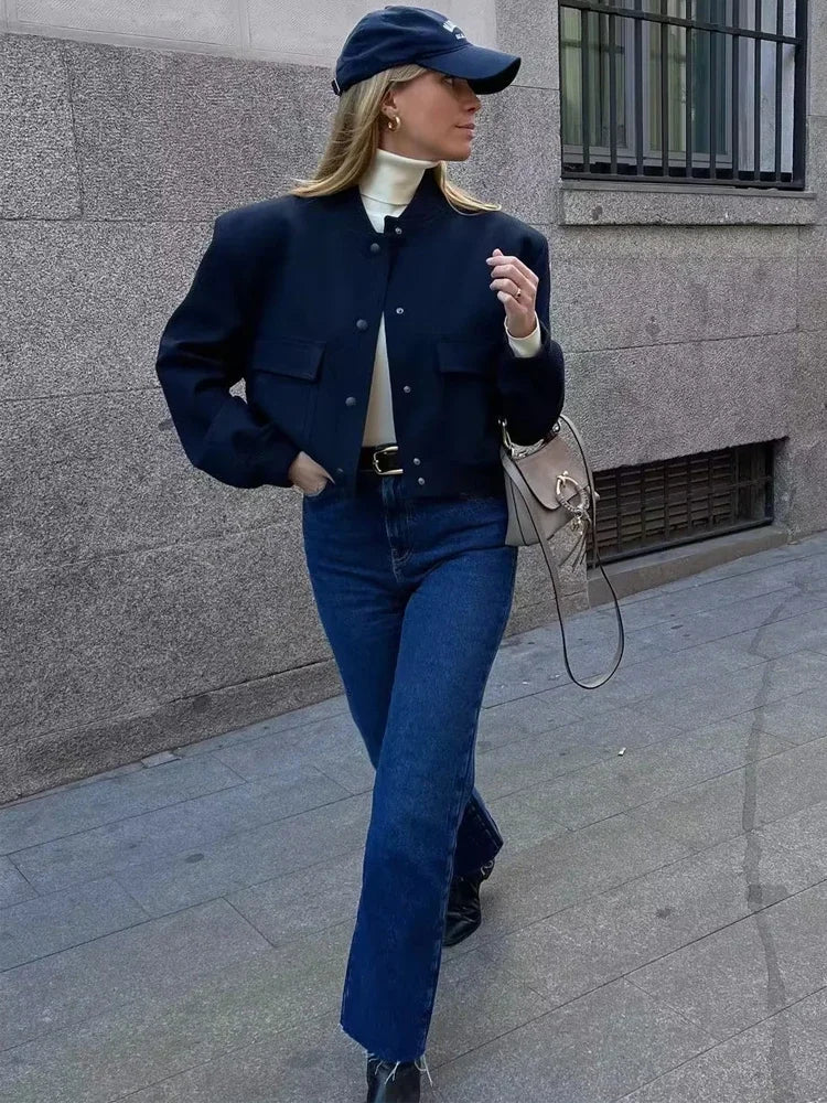 HXAO Woman Bomber Jacket Coat White Autumn Winter Button Baseball Aviator Cropped Jackets for Women Long Sleeve Crop Outerwear