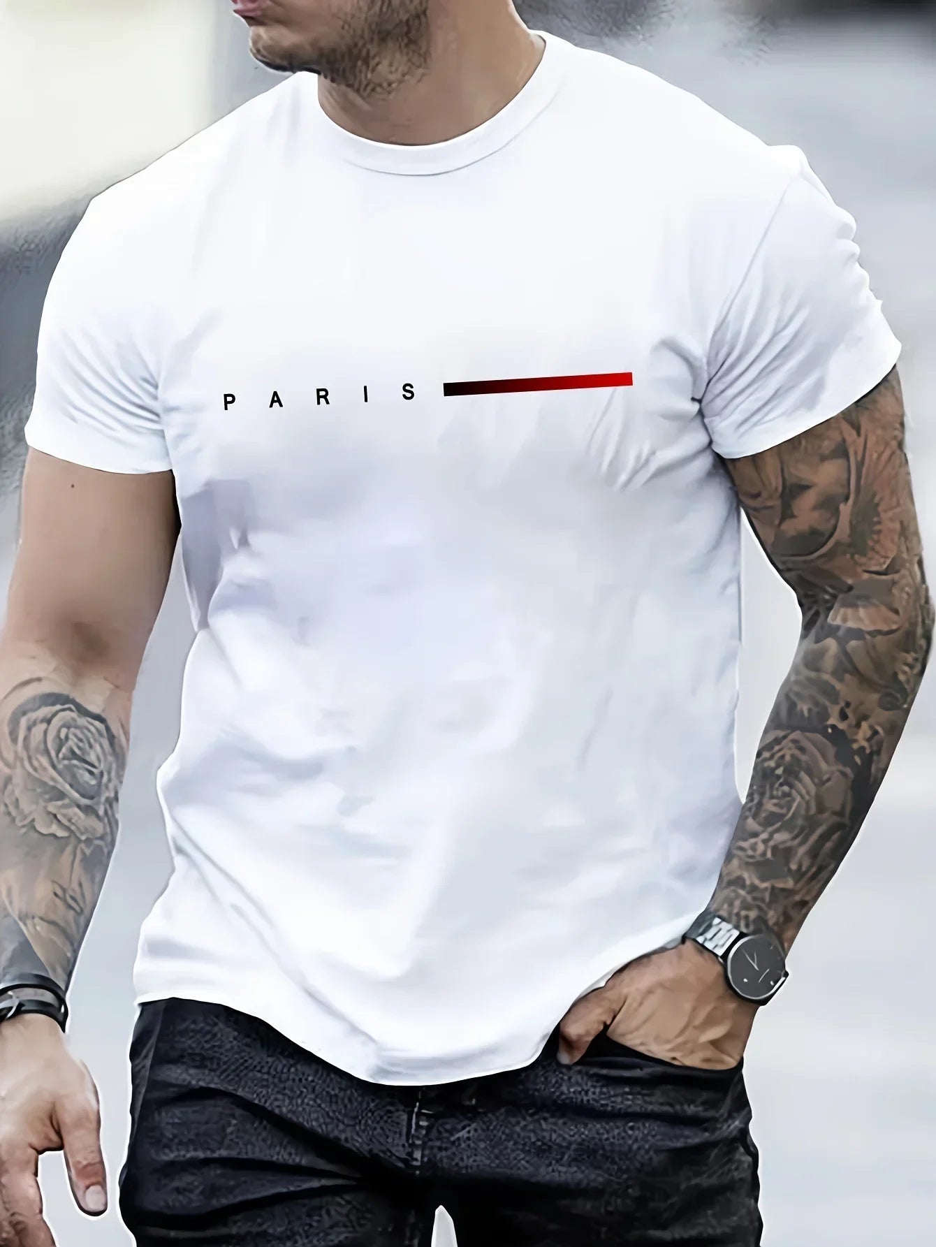 Herren 100% Baumwolle Sommer Locker PARIS Kreativer Buchstabenprint Freizeit Slim Fit Rundhals Kurzarm T-Shirt Oberteil