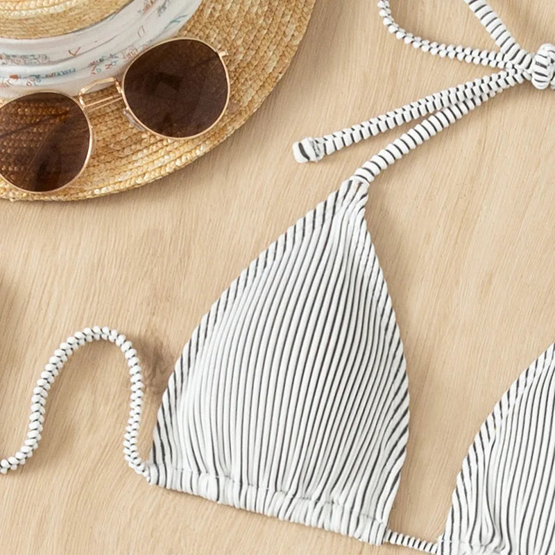 3-teiliger gerippter Bikini 2026, Neckholder-Triangel-Bikini & Rock, Bademode, Damen-Badeanzug, weibliche Strandmode