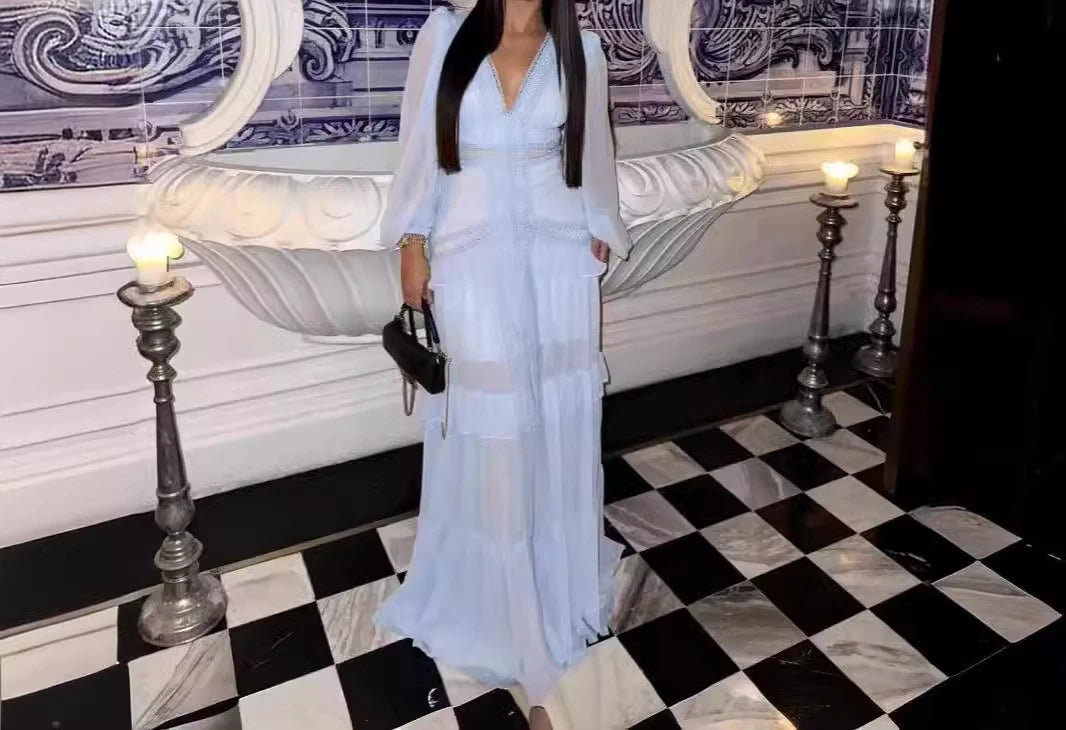 CM.YAYA Damen V-Ausschnitt Langarm Rüschen Spitze Langes Maxi-Kleid 2025 Frühling Strand Urlaub Party Sexy Street Vestidos Sexy Kleider