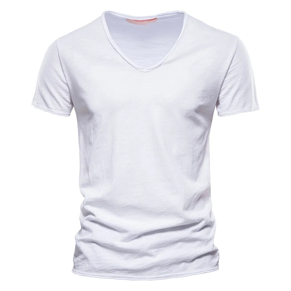 Brand Quality 100% Baumwolle Herren T-Shirt V-Ausschnitt Fashion Design Slim Fit Uni T-Shirts Herren Oberteile Kurzarm T-Shirt Für Herren