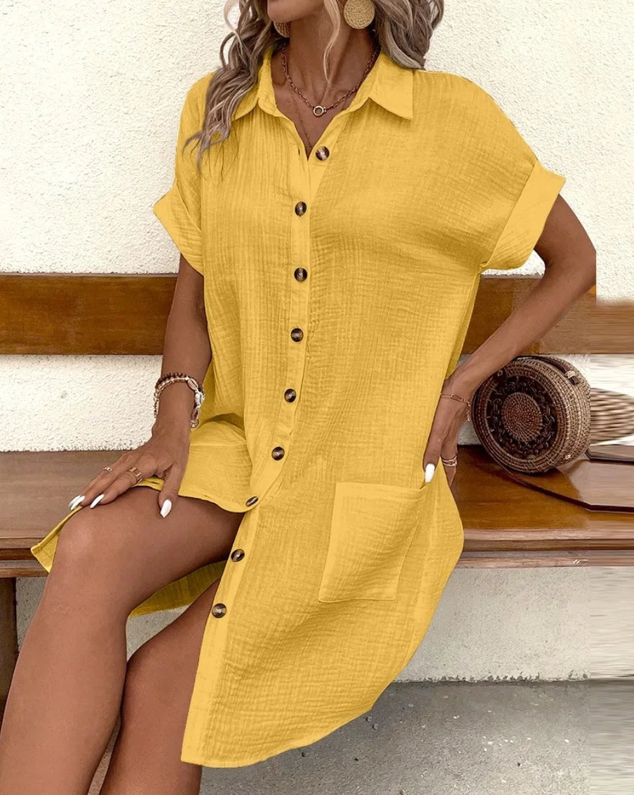 Sommerliches, einfarbiges, schlichtes Kurzarm-Hemdkleid für Damen mit Umlegekragen, einreihig, lässig-elegant, locker geschnitten