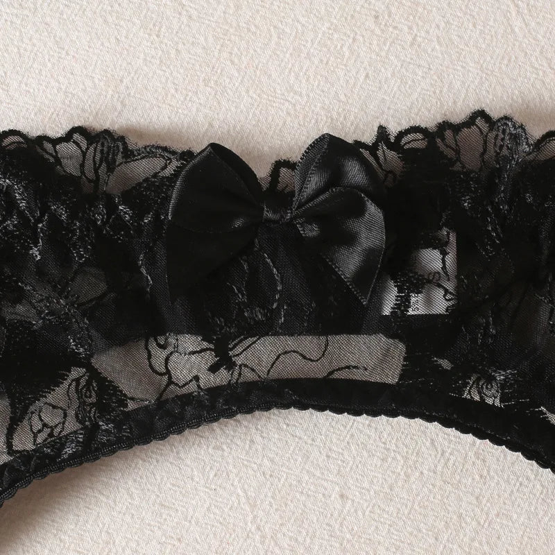 Black Bow Embroidery See-Through Woman Lingerie 3Pcs Sexy Romantic Female Bra And Panty Garters Sets Exotic Onlyfans Kit