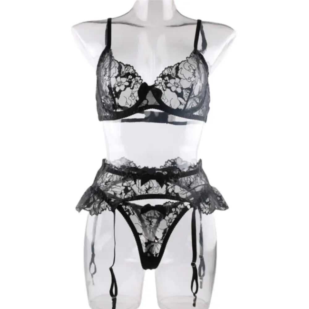 Black Bow Embroidery See-Through Woman Lingerie 3Pcs Sexy Romantic Female Bra And Panty Garters Sets Exotic Onlyfans Kit