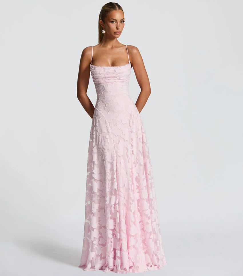 2026 Blumengesticktes Maxikleid für Damen, Sommerparty, Ballkleider, sexy rückenfreie Trägerkleider im französischen Stil, Abendkleid