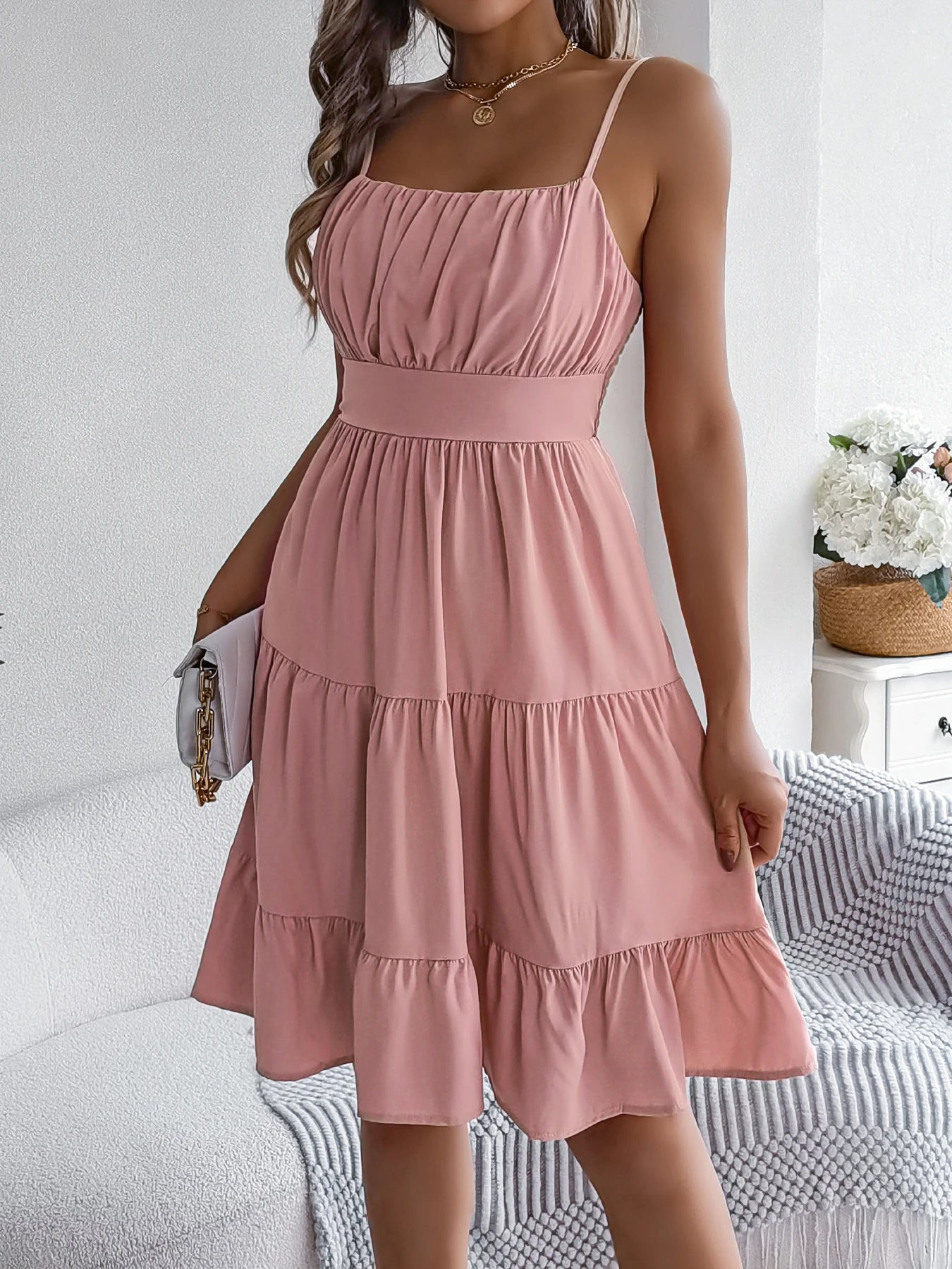 Lässiges Rüschen-Trägerkleid für den Urlaub, Frühling Sommer Damen Einfarbige Kleider für den Valentinstag 2026 Damenbekleidung Rosa Blau