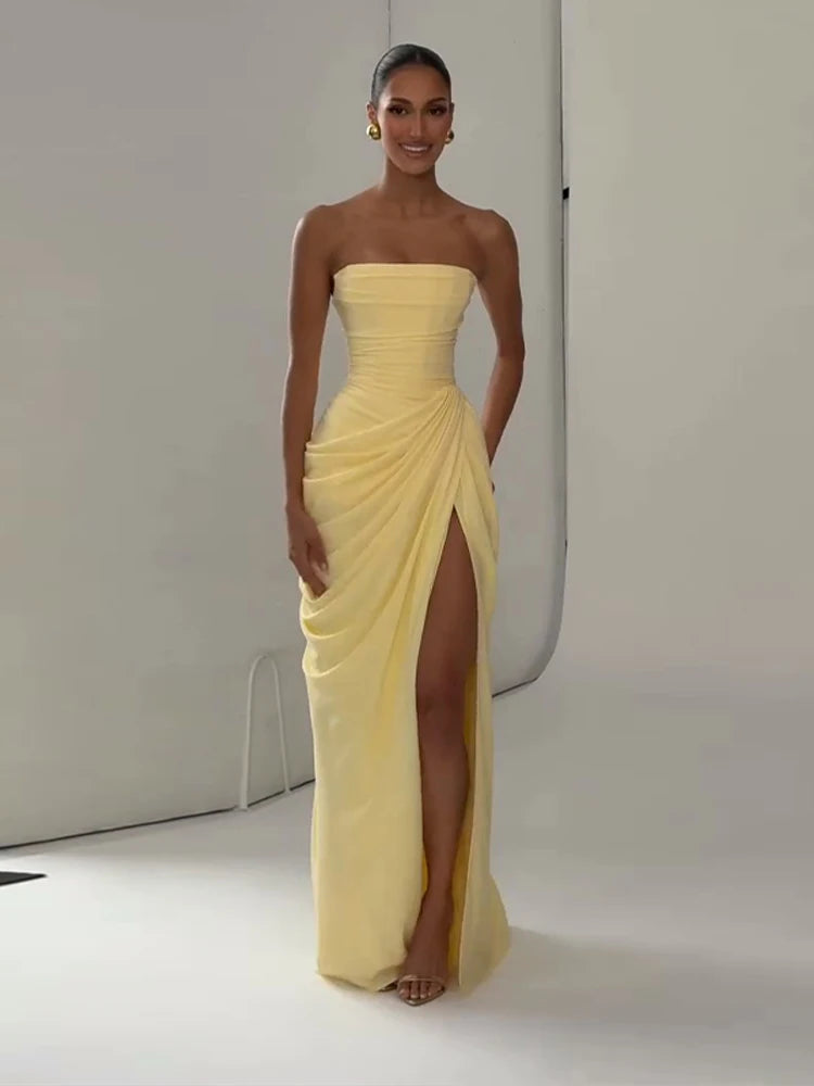 Sexy Solid Pleated Strapless Dress Lady Chic Off-shoulder Backless High Waist Split Dresses Women 2026 New Evening Party Gown