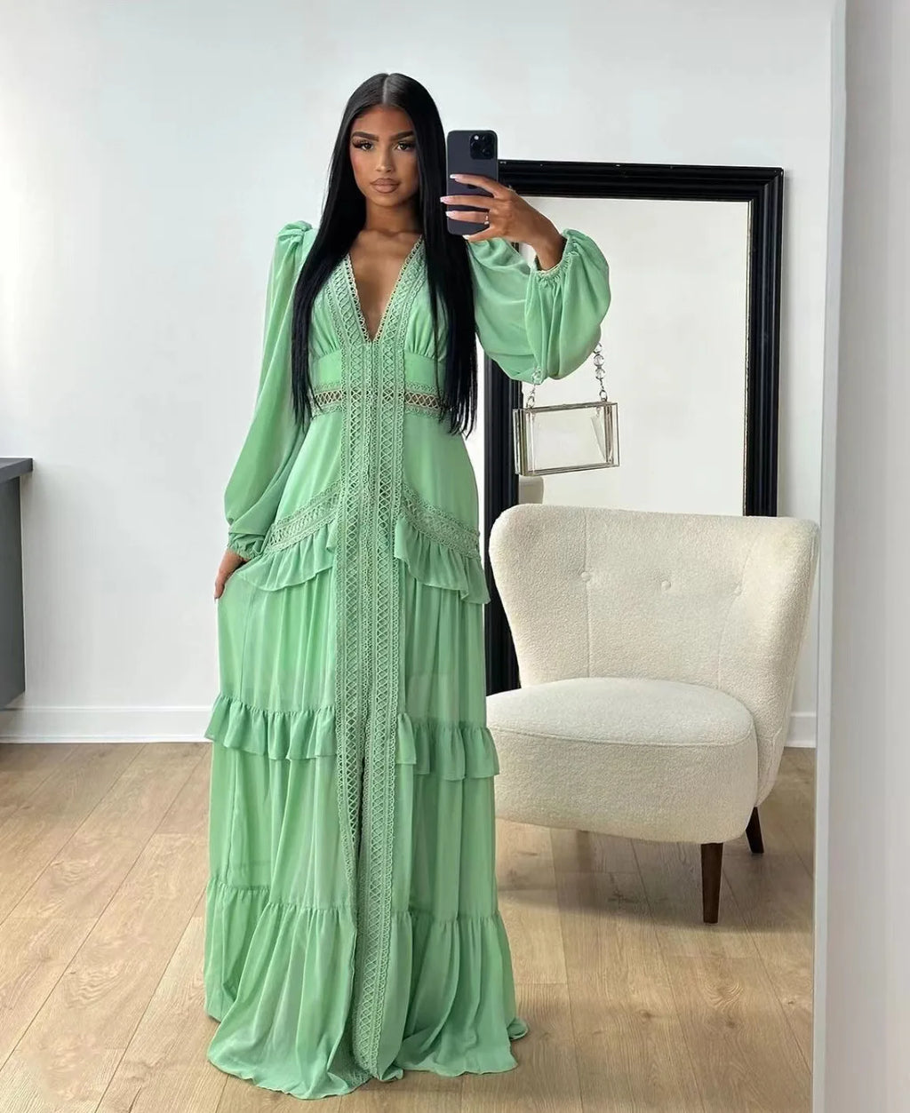 CM.YAYA Damen V-Ausschnitt Langarm Rüschen Spitze Langes Maxi-Kleid 2025 Frühling Strand Urlaub Party Sexy Street Vestidos Sexy Kleider