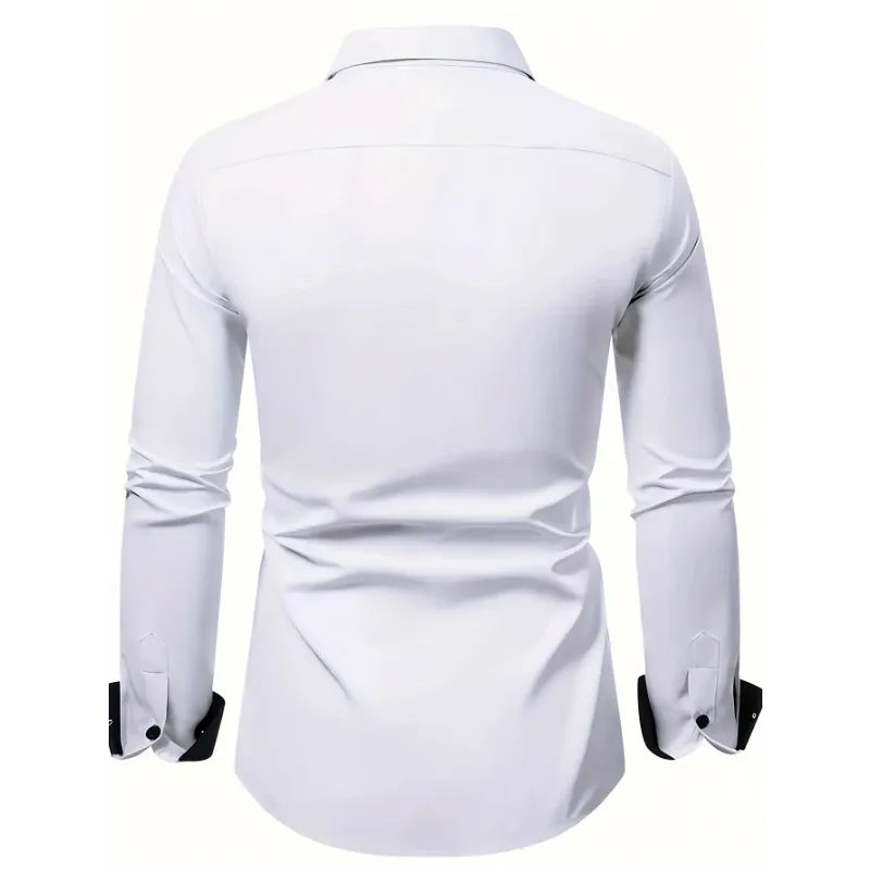 FGKKS Herren Weißes Hemd Brandneue Herrenmode Patchwork Langarm Elastisches Hemd Vier Jahreszeiten Herren Freizeithemden