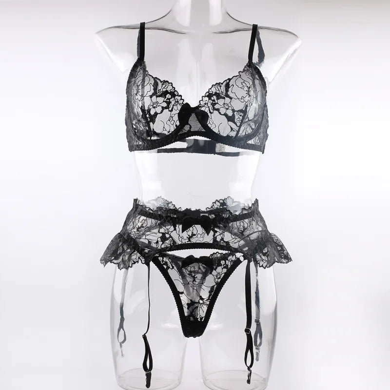 Black Bow Embroidery See-Through Woman Lingerie 3Pcs Sexy Romantic Female Bra And Panty Garters Sets Exotic Onlyfans Kit