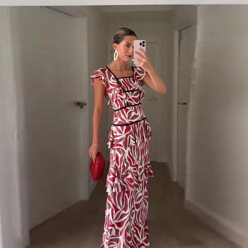 Bedrucktes Cascading Ruffles Damen Maxikleid Quadratischer Ausschnitt Kurzarm Damenkleider 2026 Mode Hohe Taille A-Linie Damen Robe