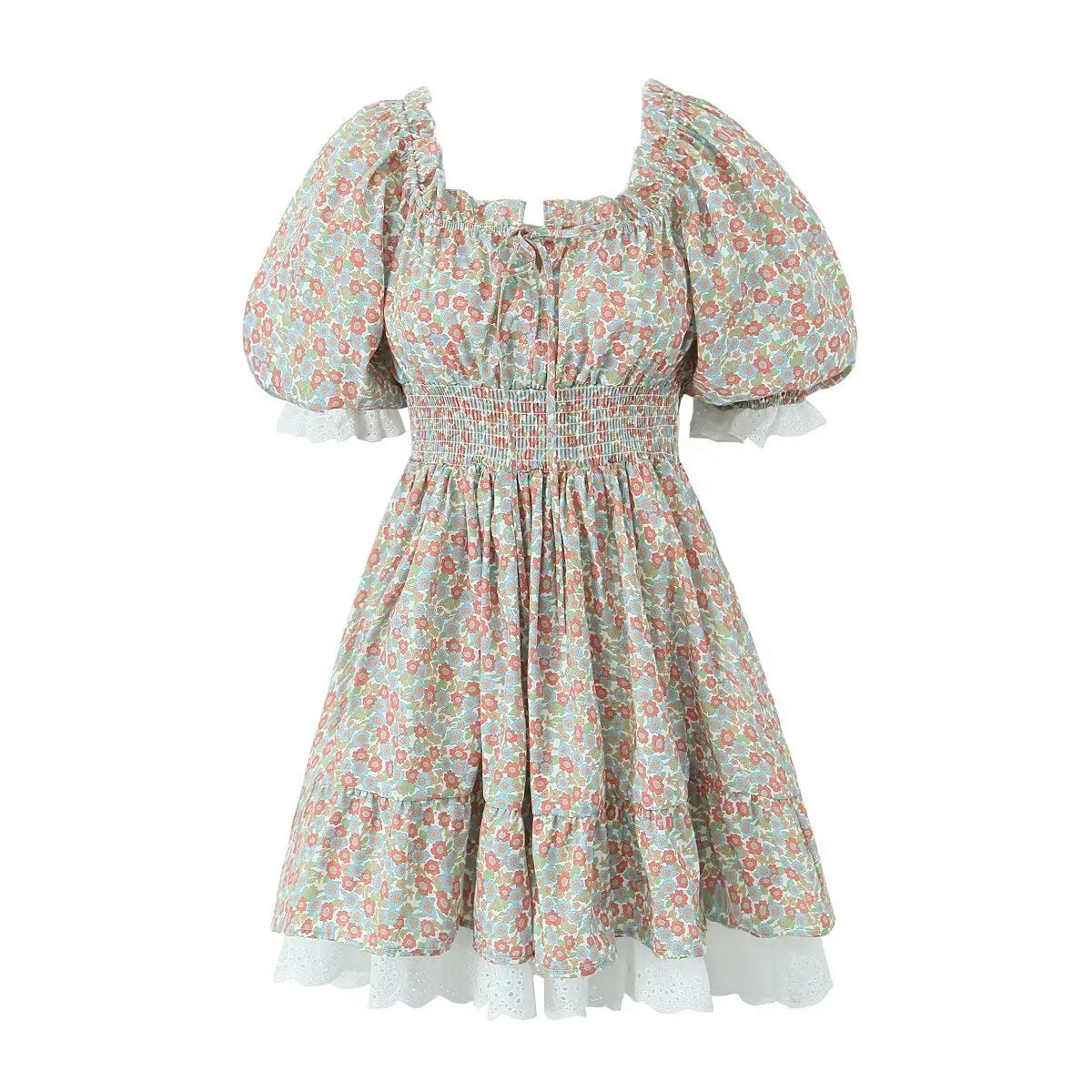 Gypsylady Geblümtes gestuftes Rüschen-Minikleid Spitze Puffärmel Sommerurlaub Sexy Schnürkleid Damen Kleider Party Damen Vestidos Neu