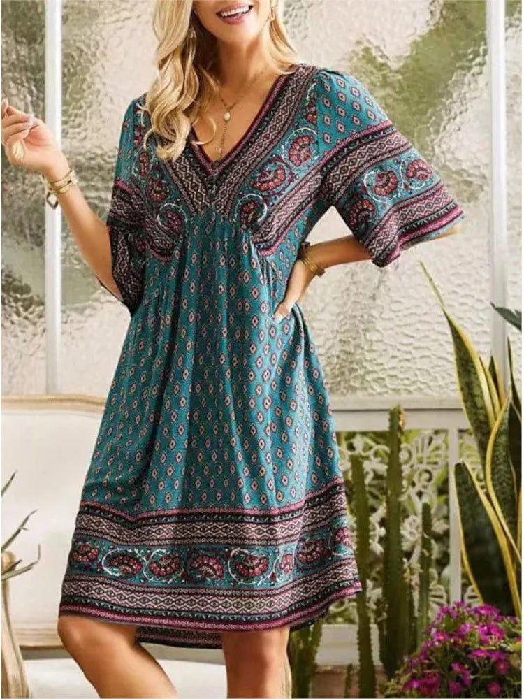 Autumn Women' Dress Summer V-neck Vintage Print Holiday Beach National Style Boho Midi Loose Dresses For Women Casual Vestidos